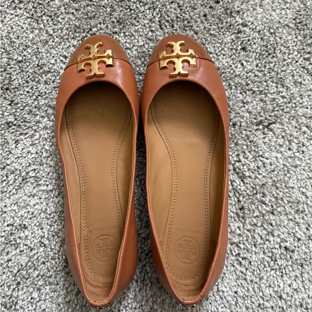 Tory Burch Tan Ballet Flats with Gold Logo